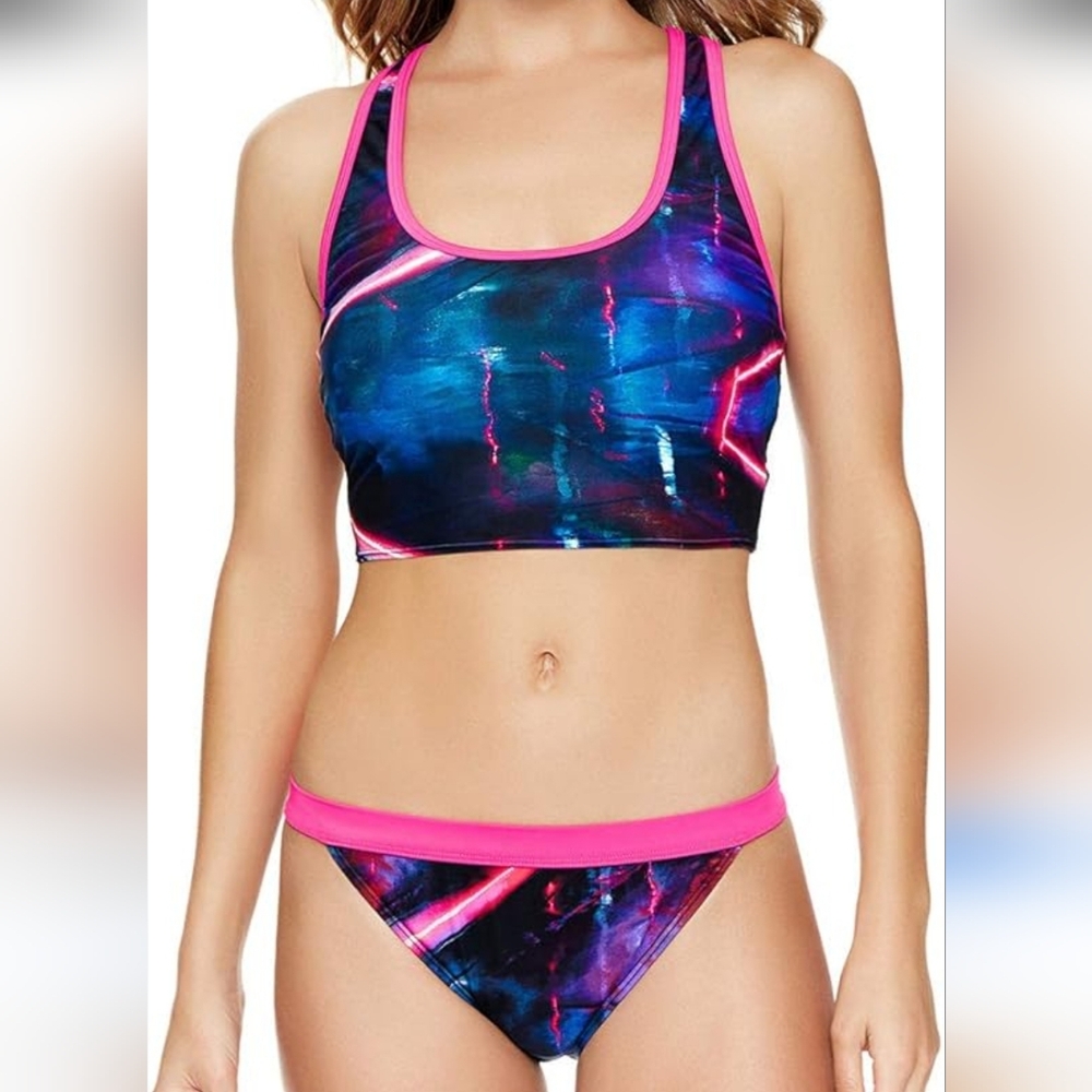 Reebok Bikini Racerback Crop Top Blue Pink XL Womens Tie-Back